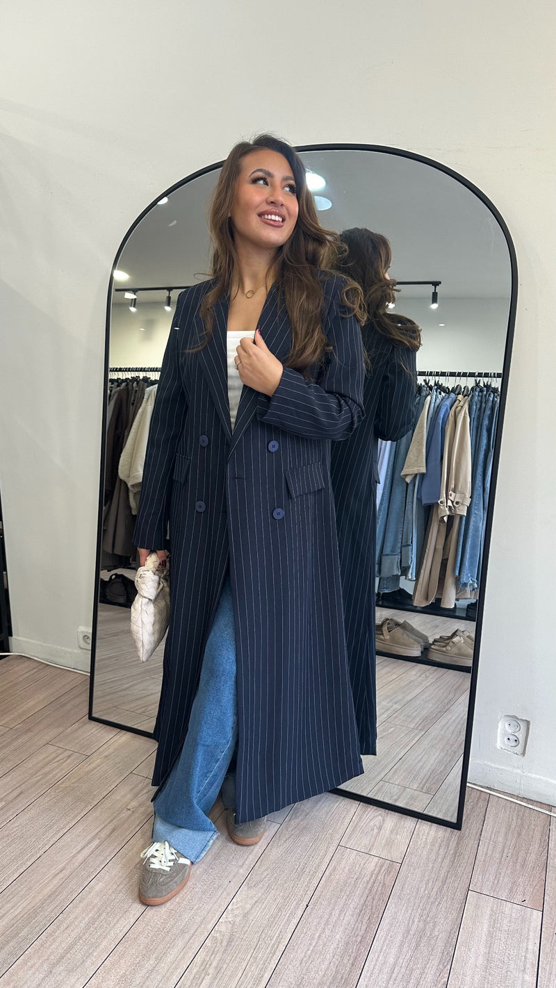 Long blazer rayé bleu marine